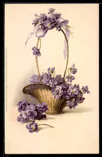Künstler-AK Meissner & Buch (M&B) Nr. 1072: Henkelkorb mit lila Blumen