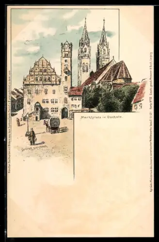 Lithographie Oschatz, Planwagen am Marktplatz