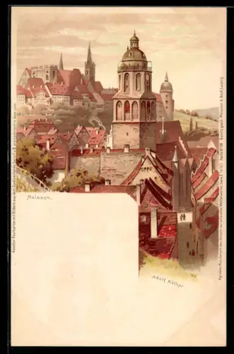 Lithographie Meissen, Stadtansicht mit Kirche und Albrechtsburg