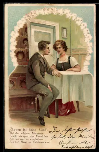 AK Küssen ist keine Sünd', Frau und ihr Gatte am Küchentisch vor dem Ofen