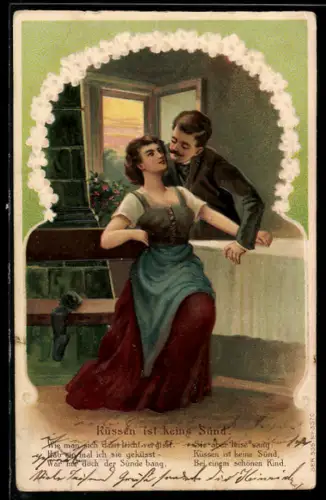 Lithographie Küssen ist keine Sünd - Paar an der Ofenbank, Gedicht