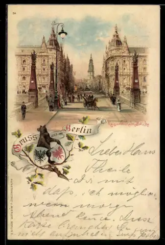 Lithographie Berlin, Blick über die Kaiser-Wilhelm-Brücke