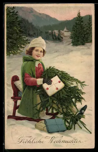 AK Frau auf Schlitten mit Weihnachtsgrüssen