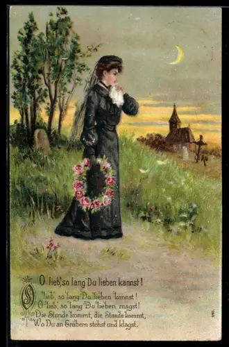 AK Trauernde Frau mit Blumenkrank und Taschentuch, Am Elterngrab