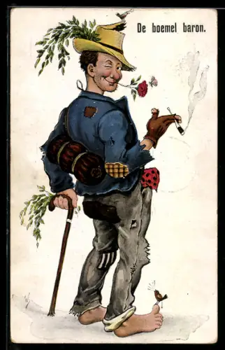 Künstler-AK Willi Scheuermann: Landstreicher raucht, De boemel baron