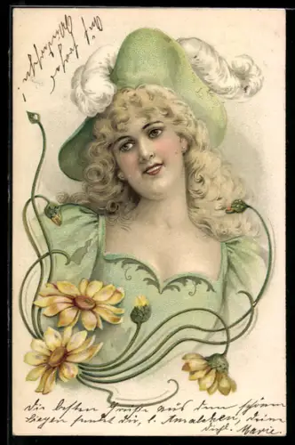 AK schöne Frau mit Hut und Blumen