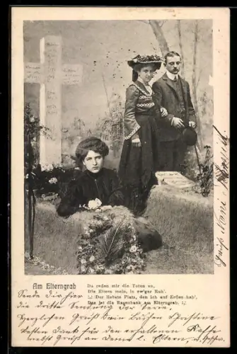 AK Trauernde Frau mit Kranz am Elterngrab