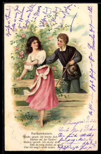 AK Haidenröslein, Liebespaar unter Rosenbusch