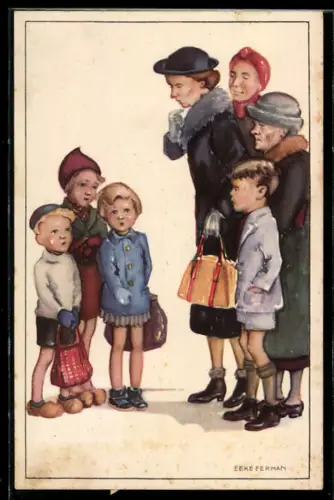 Künstler-AK sign.: Eeke Ferman: Kinder und Erwachsene mit Einkaufstaschen