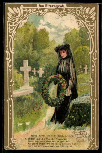 AK Trauernde Frau mit Kranz am Elterngrab