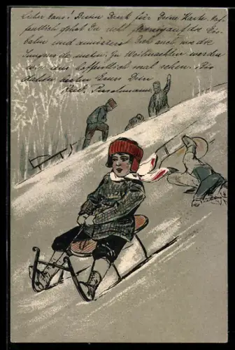 Lithographie Kinder beim Rodeln, Schlitten