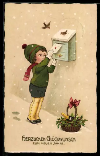 AK Kind wirft einen Brief in einen Postkasten, daneben ein Korb mit Stechpalmenzweigen und Sekt