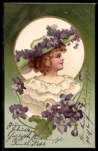 AK Junge Frau mit Veilchen am Hut
