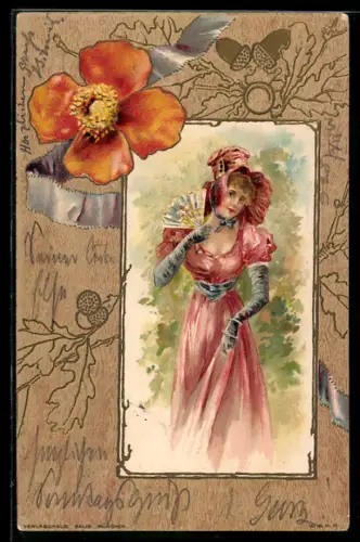 AK Frau im roten Kleid mit Hut, Mohnblüte, Jugendstil