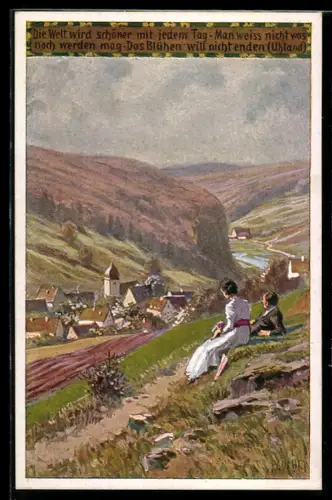 Künstler-AK P. Hey Nr.4: Frühling, Paar schaut hinunter zum Dorf