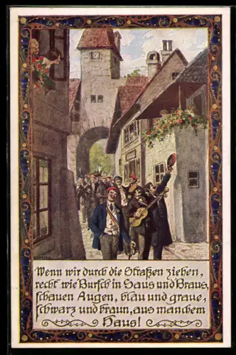 Künstler-AK Ernst Kutzer: Studenten ziehen lauthals singend durch die Gassen