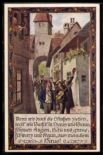 Künstler-AK Ernst Kutzer: Studenten ziehen lauthals singend durch die Gassen