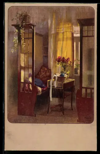 Künstler-AK Maxim Trübe: Gemütlicher Winkel im Wohnzimmer
