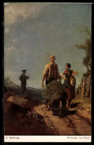 Künstler-AK Carl Spitzweg: Heimweg vom Felde, Mann mit Schubkarre