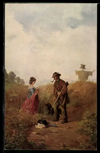 Künstler-AK Carl Spitzweg: Flurschütz mit einer Frau auf dem Feld