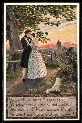Künstler-AK Deutsches Liebeslied von Heinrich Heine, Liebespaar liegt sich in den Armen