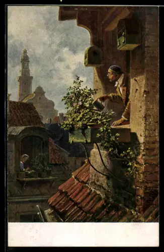 Künstler-AK Carl Spitzweg: Im Dachstübchen, Mann giesst Blumen vor dem Fenster