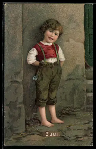 AK Barfüssiger kleiner Junge steht an einer Wand, Bubi