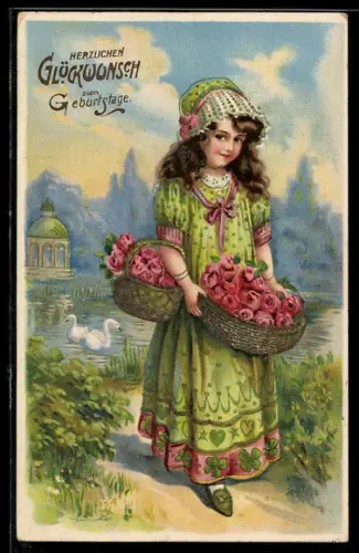 AK Mädchen mit Rosenkörben am Schwanensee