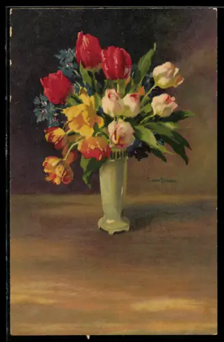 Künstler-AK Clara von Sivers: Bunter Blumenstrauss in schlanker Vase