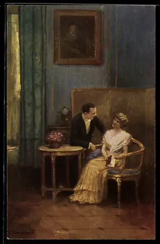 Künstler-AK sign. E. Schneider: Elegantes Paar sitzt an einem Tisch mit Blumen