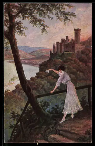Künstler-AK Arthur Thiele: Sonntag am Rhein, Frau am Aussichtspunkt mit Schlossblick