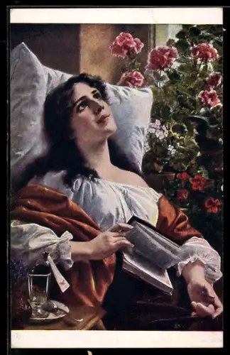Künstler-AK Frau lesend in Krankenbett
