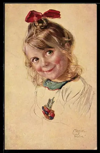 Künstler-AK Maxim Trübe: süsses Mädchen mit roter Haarschleife