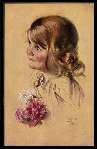 Künstler-AK Maxim Trübe: Porträt eines Mädchens mit Blumen