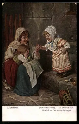 Künstler-AK Hermann Kaulbach: Der erste Sprung, Mutter hält die Tochter an der Hand