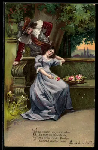 AK Liebespaar an einer Bank im Park