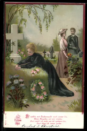 AK junge Frau klagt am Grab ihrer Eltern