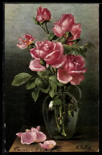 Künstler-AK M. Billing: Vase mit Rosen in voller Blüte