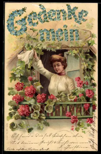 Lithographie Frau winkt zum Abschied mit ihrem Tuch aus dem Fenster