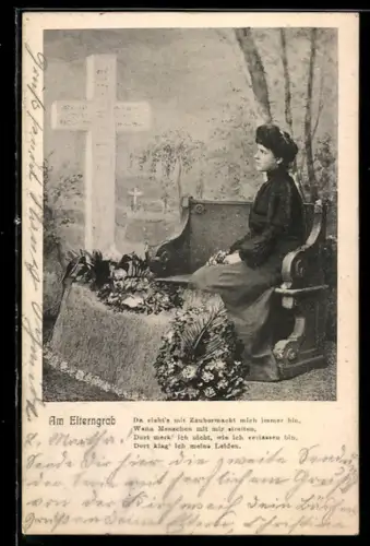 AK Junge Dame auf einer Bank am Elterngrab