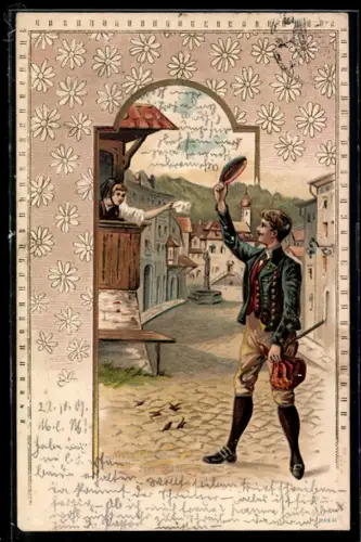 AK Muss i denn zum Städtle `naus, Herr winkt Frau auf dem Balkon zu