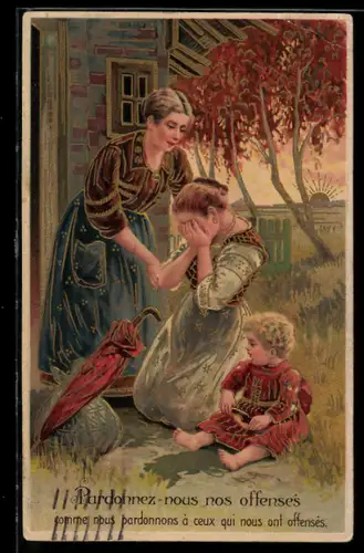 AK Vergib uns unsere Schulden..., weinende Frau wird getröstet, Vaterunser