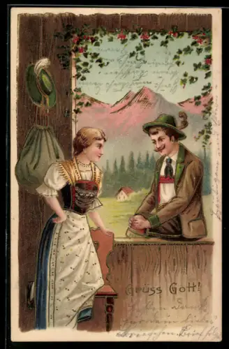 AK Grüss Gott!, Liebespaar in Tracht am Fenster