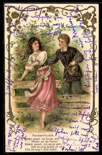 AK Haidenröslein, Liebespaar unter Rosenbusch