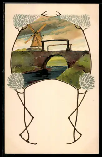 Lithographie Auf dem Lande, Windmühle und Brücke, Jugendstil-Zierrahmen