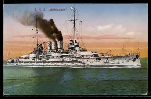 AK Linienschiff S.M.S. Ostfriesland bei voller Fahrt auf hoher See, Kriegsschiff