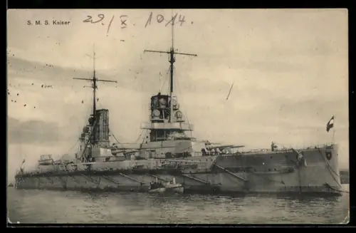 AK Linienschiff S.M.S. Kaiser mit Dampfbarkassen längsseits, Kriegsschiff