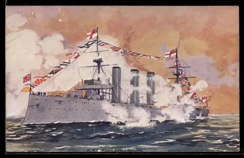 AK Britischer Kreuzer H.M.S. Essex beim Salutschiessen, Kriegsschiff