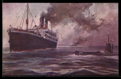 Künstler-AK Hans Rudolf Schulze: U-Boot U-21 hält einen grossen englischen Dampfer im Kanal an