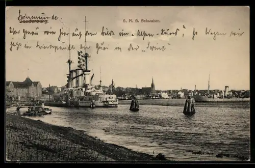 AK Linienschiff S.M.S. Schwaben im Hafen von Swinemünde, Kriegsschiff
